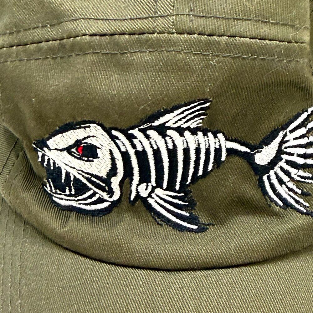 Fish Skeleton Embroidered Dad Hat Olive Green Adjustable Strapback Fishing Cap